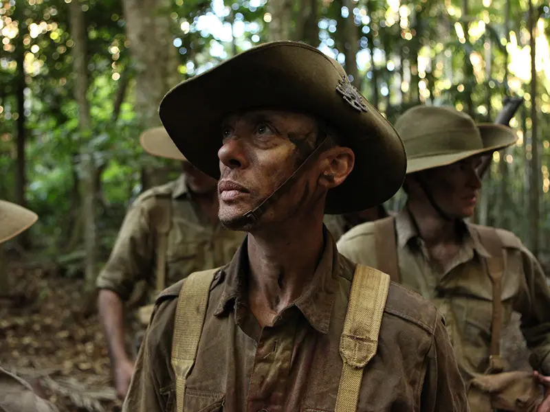 Close up of Australian troop in uniform in Malaysian Jungle
