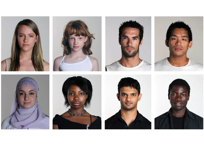 Eight headshots of humans of different ethnicities and gender