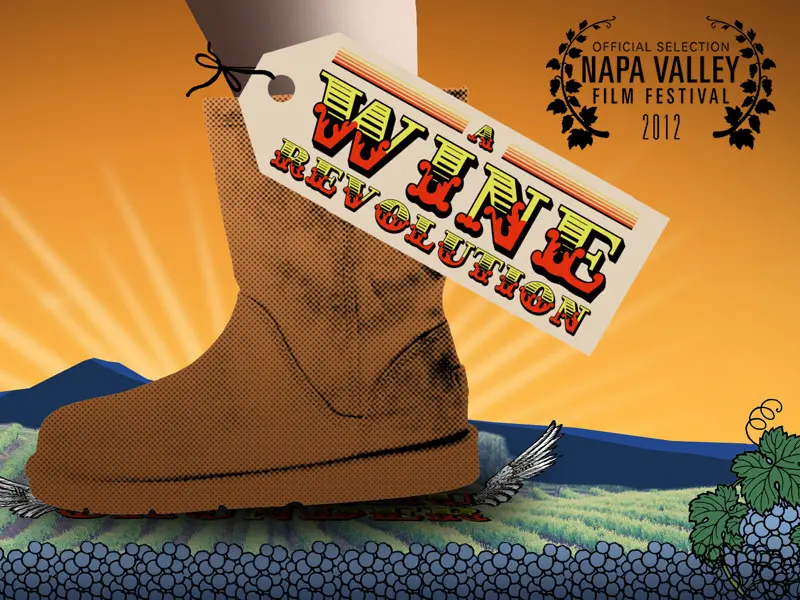 An Australian ugg boot with a tag hanging off reading A Wine Revolution and laurels of official selection at Napa Valley Film Festival